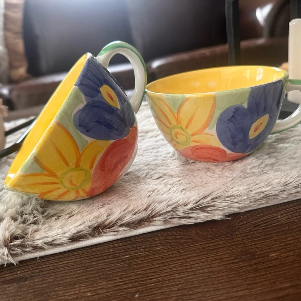 Bob Mackie yellow blue floral botanical oversized vintage mug set